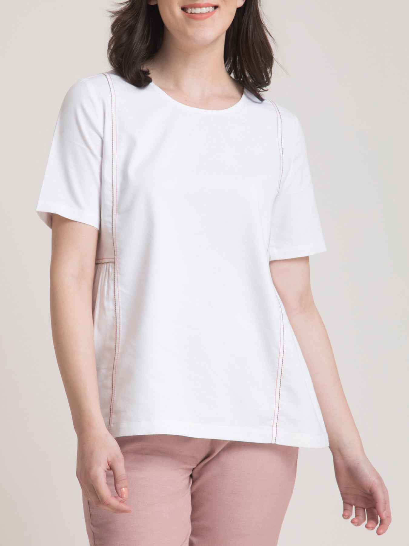 Cotton Round Neck Gather Top - White and Pink