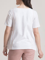 Cotton Round Neck Gather Top - White and Pink