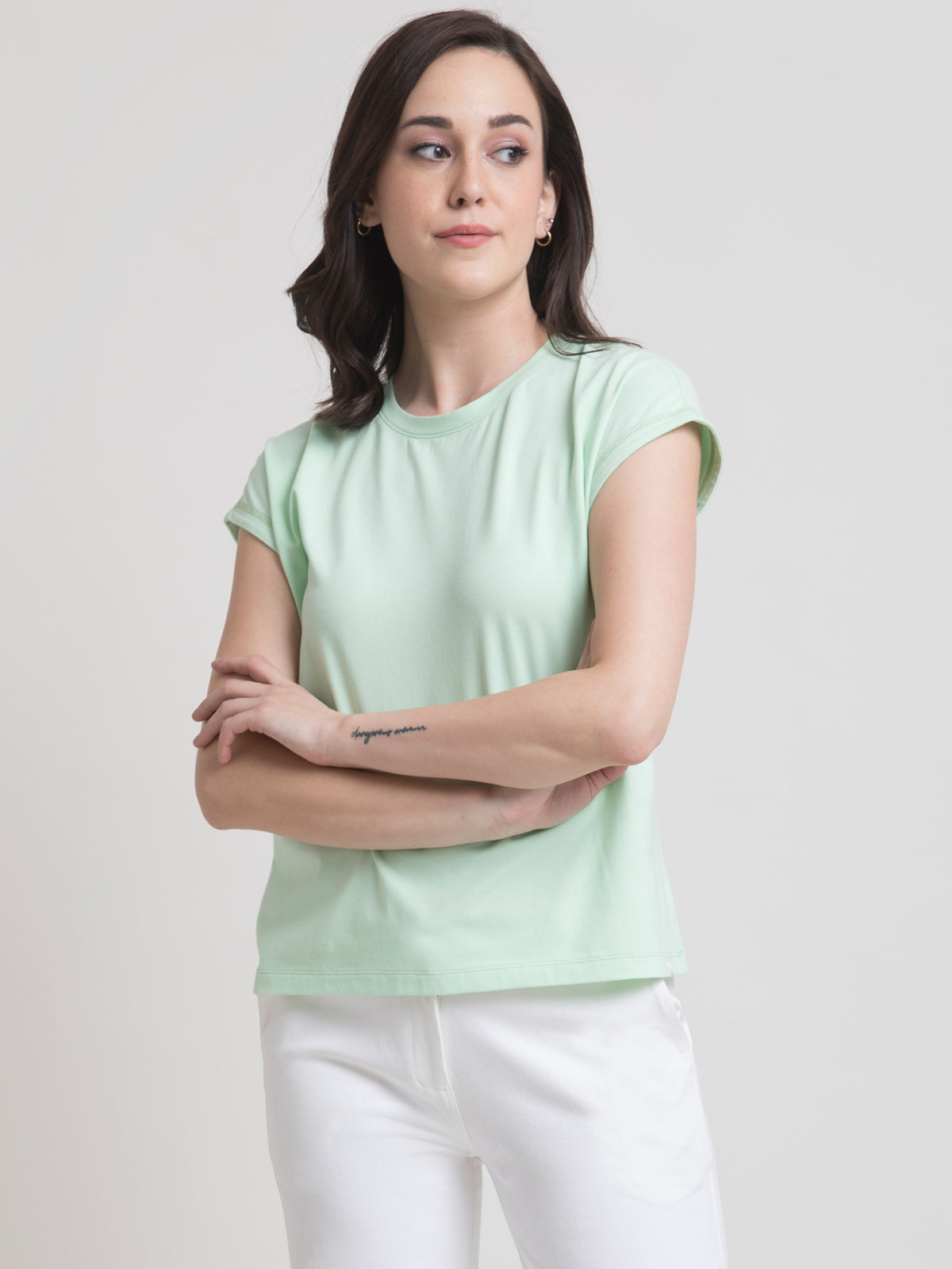 Cotton Round Neck Knitted T Shirt - Mint Green