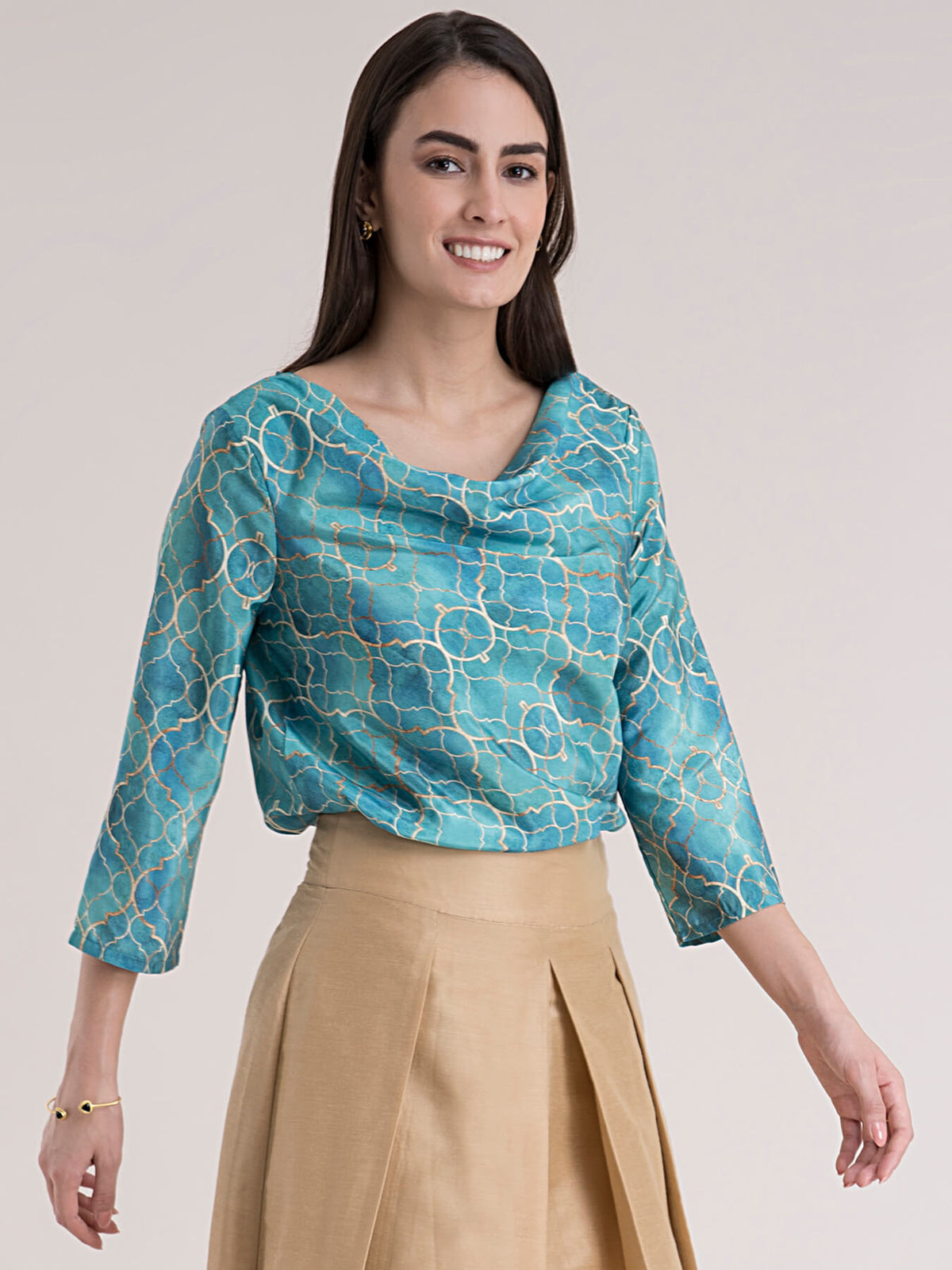 Cowl Neck Ethnic Motif Print Top - Green