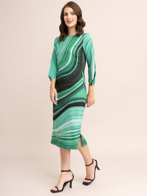 Marble Print Boat Neck Dress - Green