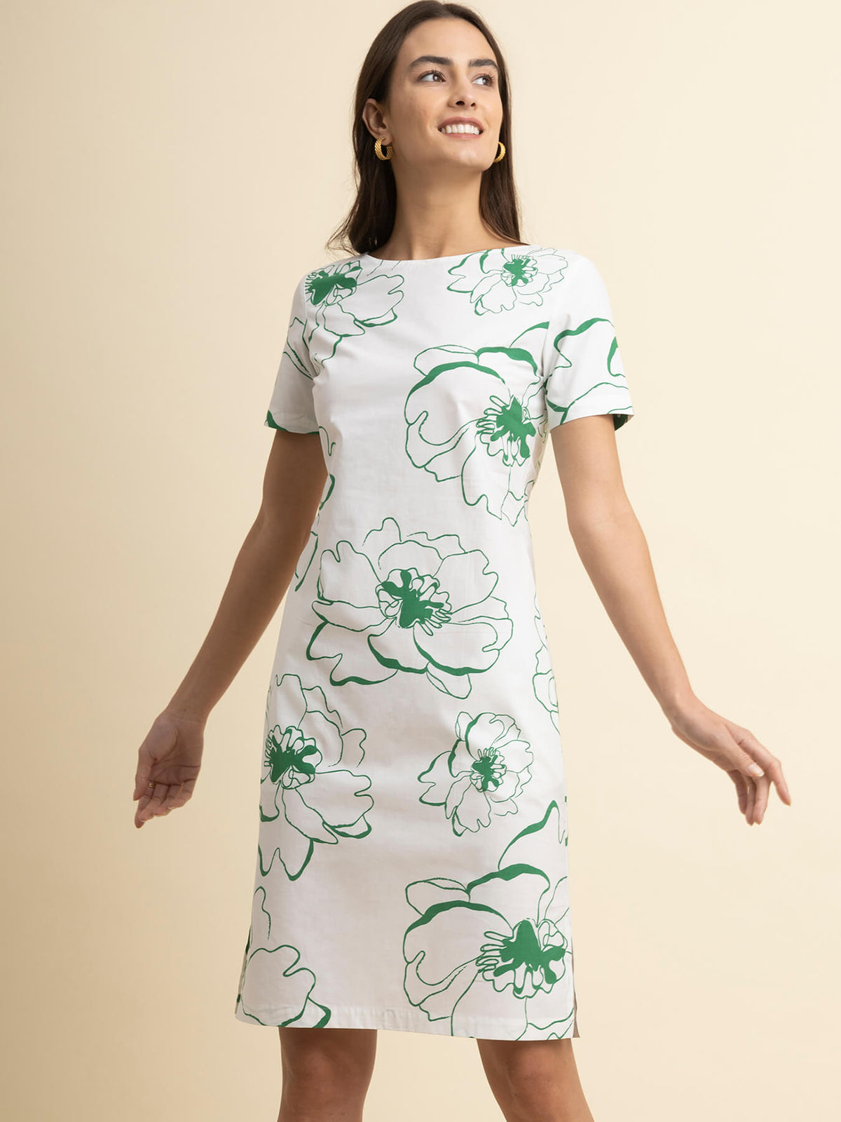 Cotton Boat Neck Dress - White And Green