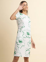 Cotton Boat Neck Dress - White And Green