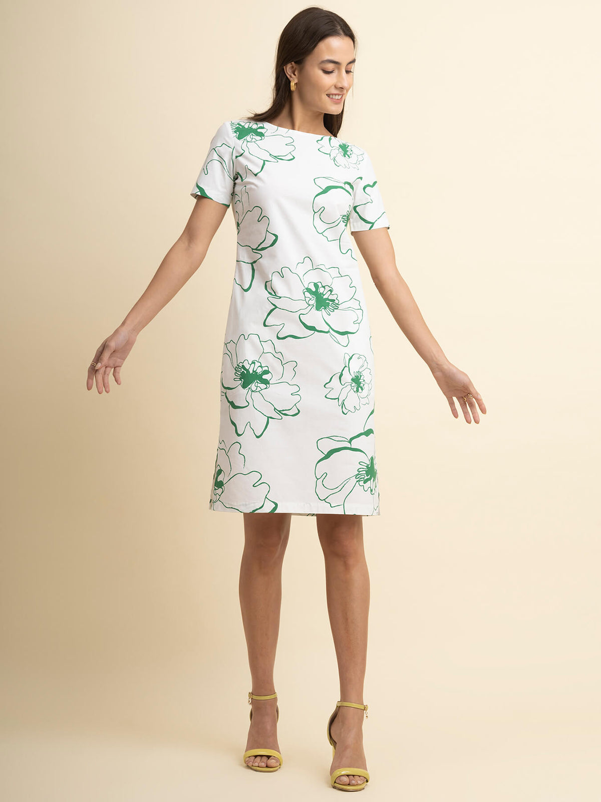 Cotton Boat Neck Dress - White And Green