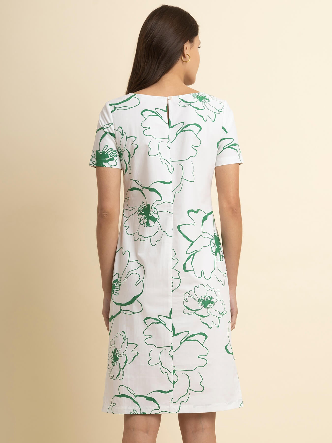 Cotton Boat Neck Dress - White And Green