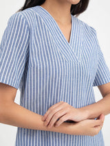 Linen Striped V Neck Shift Dress - Blue and White