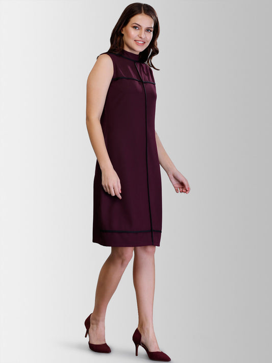 High Neck Piping Detail Shift Dress - Maroon| Formal Dresses