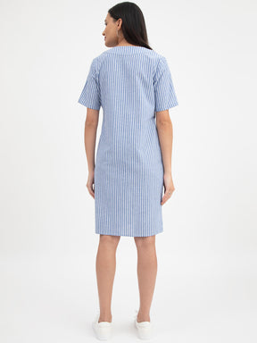 Linen Striped V Neck Shift Dress - Blue and White