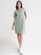Linen Striped Shift Dress - Olive