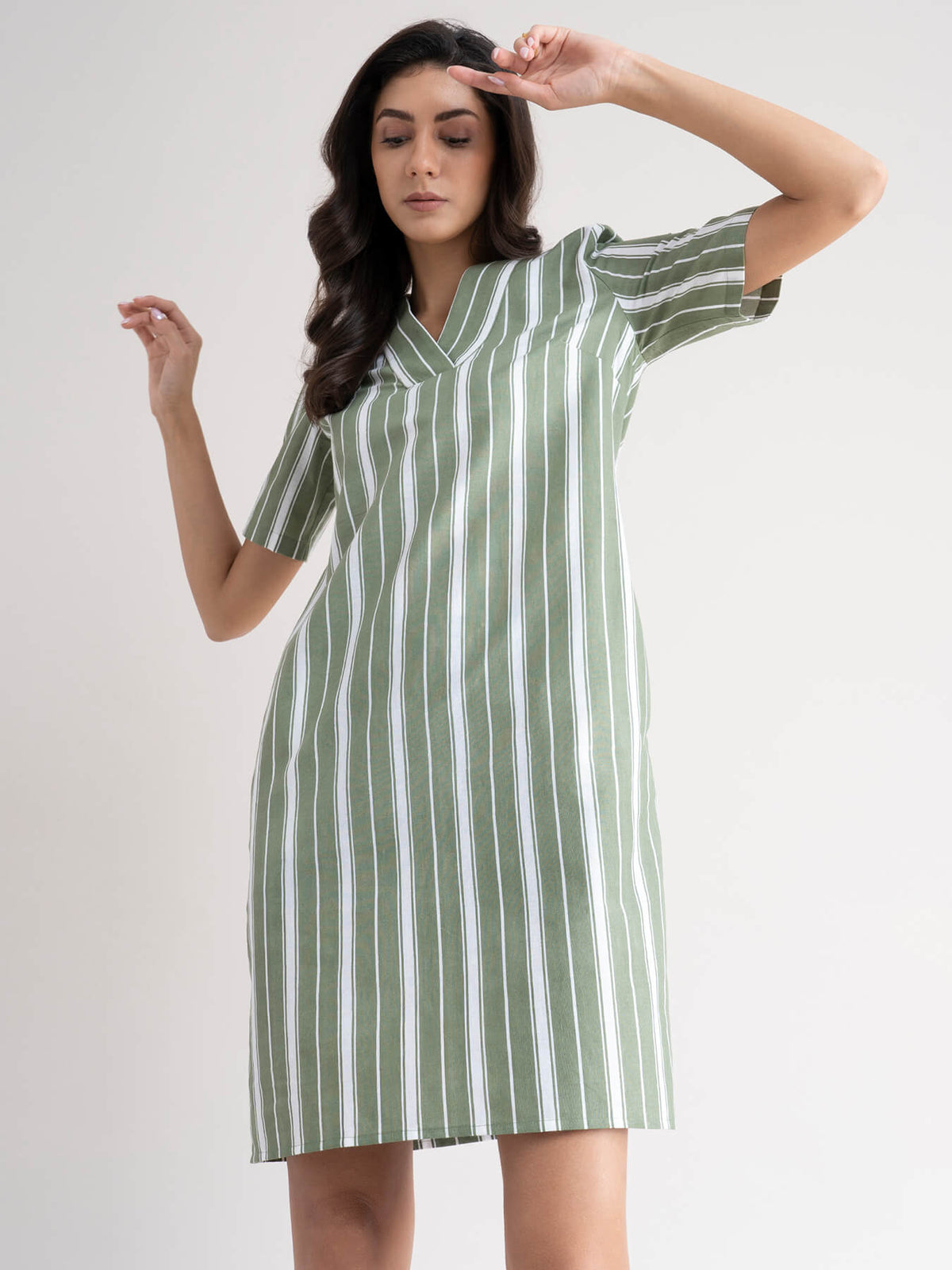 Linen Striped Shift Dress - Olive