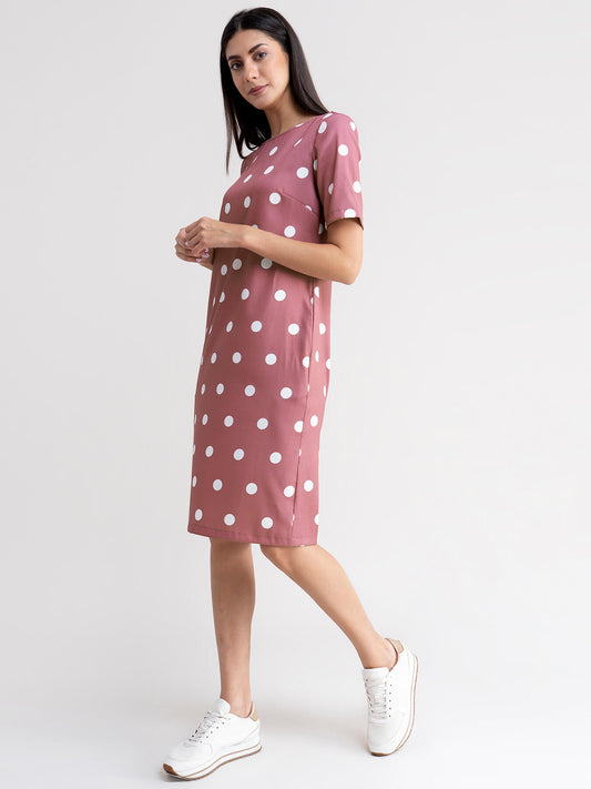 Polka Dot Shift Dress - Dusty Pink