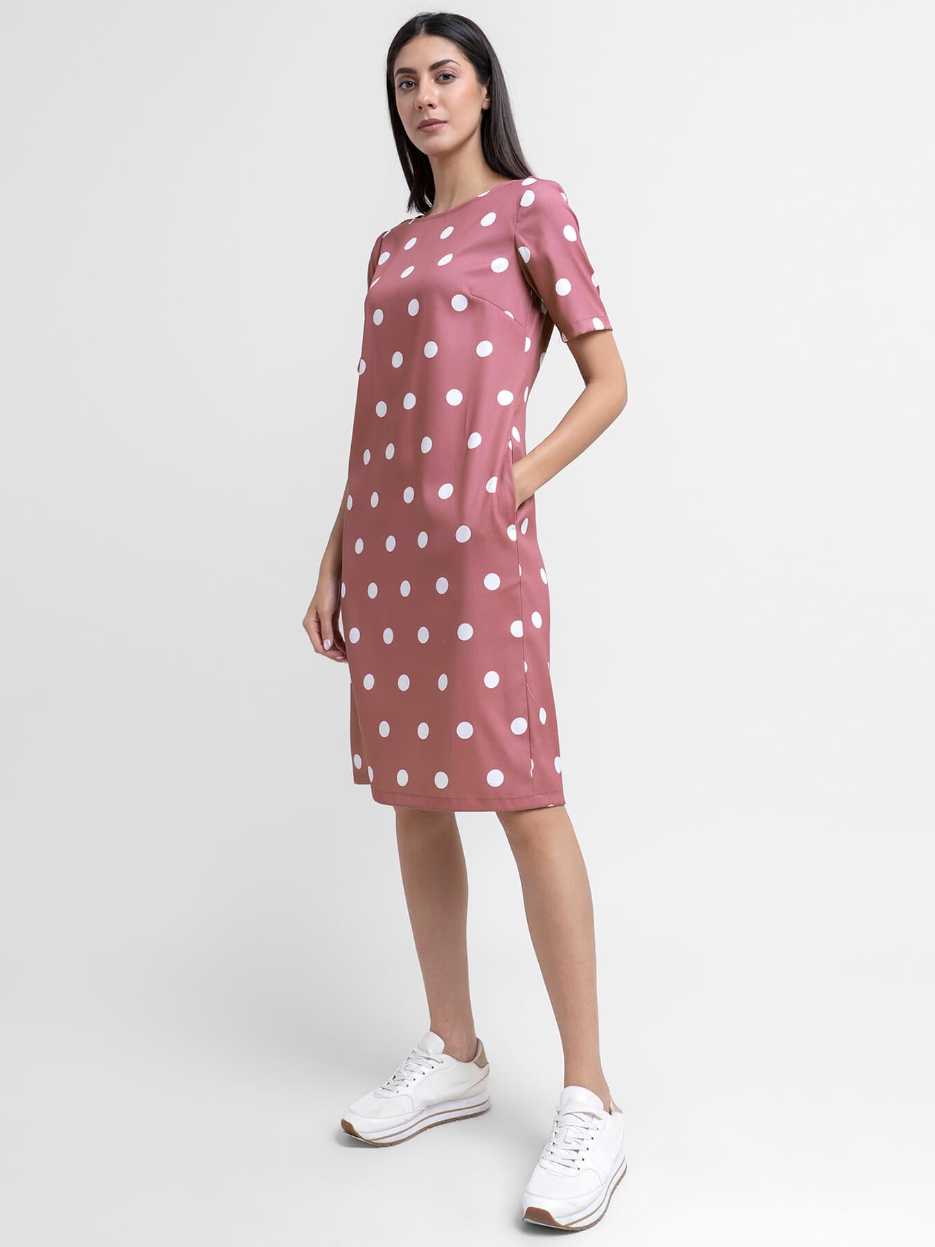 Polka Dot Shift Dress - Dusty Pink