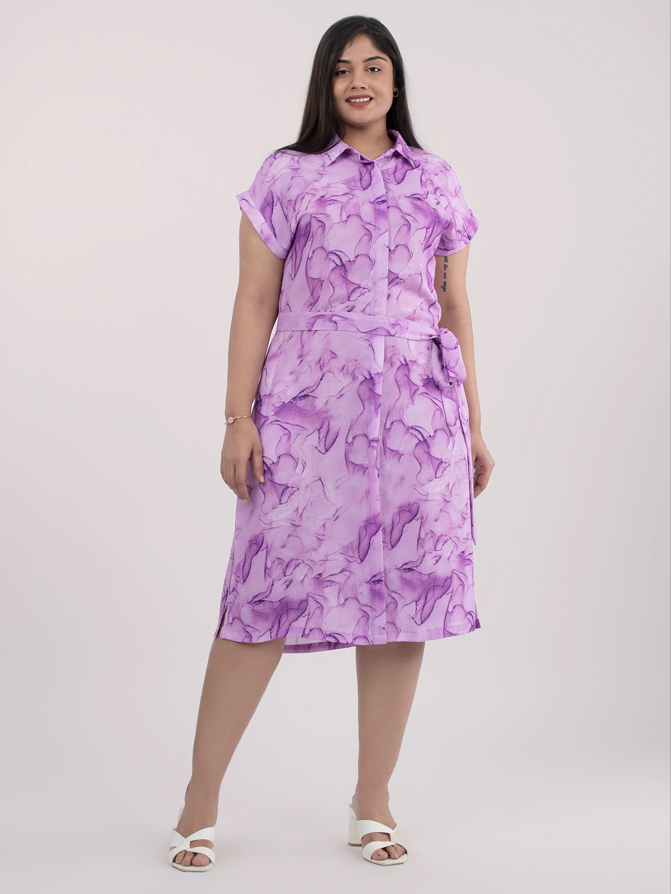 Collared Marble Print Shirt Dress - Lilac