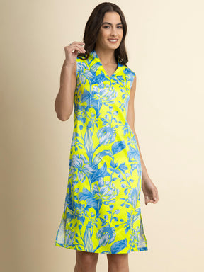 V Neck Floral Shift Dress - Acid Green and Blue