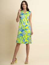 V Neck Floral Shift Dress - Acid Green and Blue