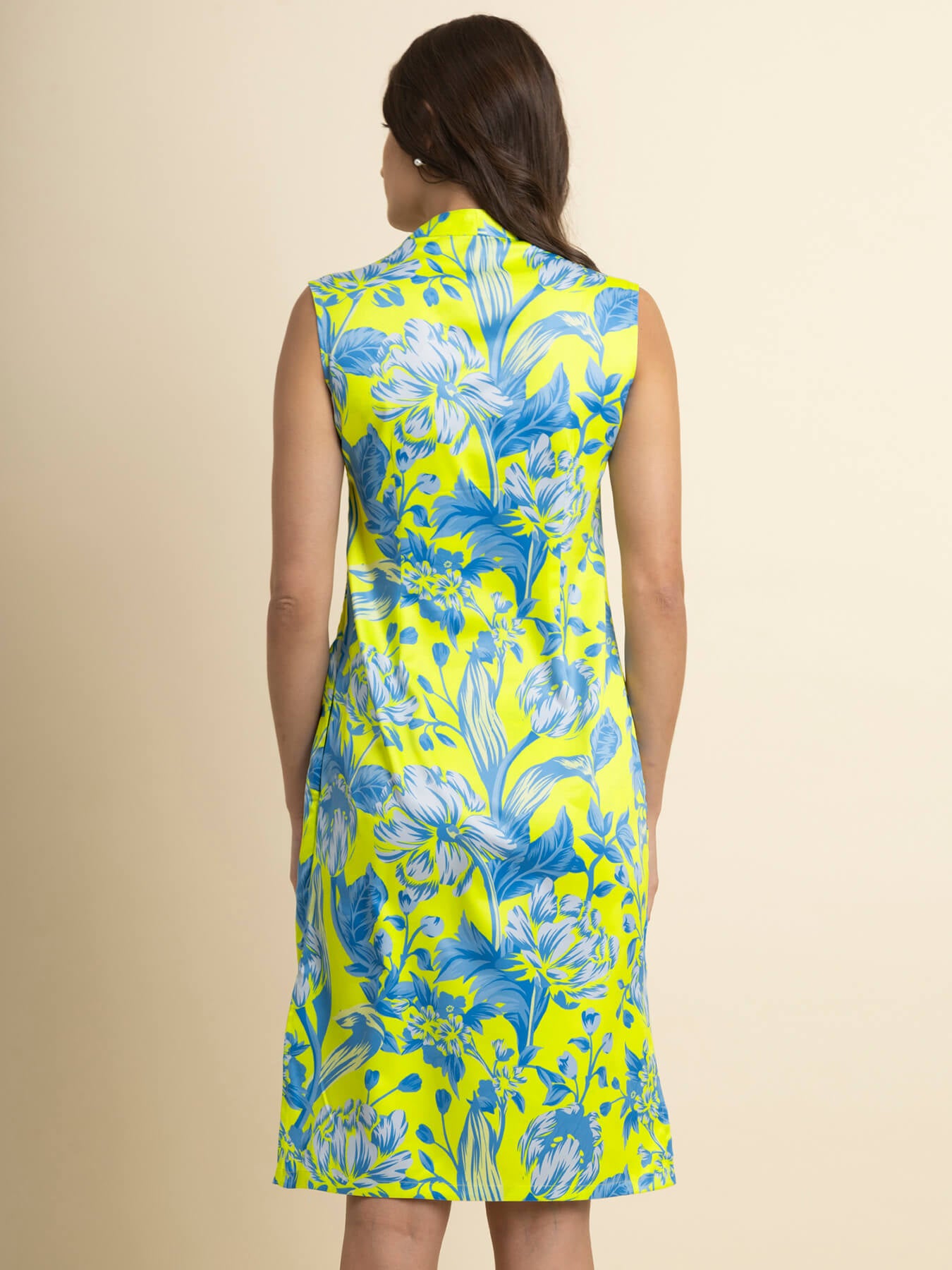 V Neck Floral Shift Dress - Acid Green and Blue