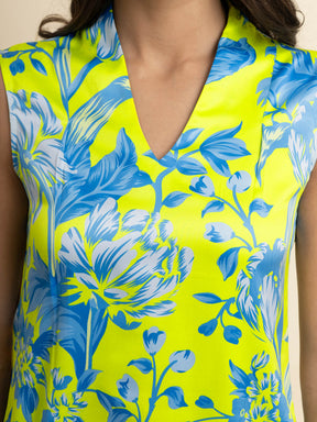 V Neck Floral Shift Dress - Acid Green and Blue