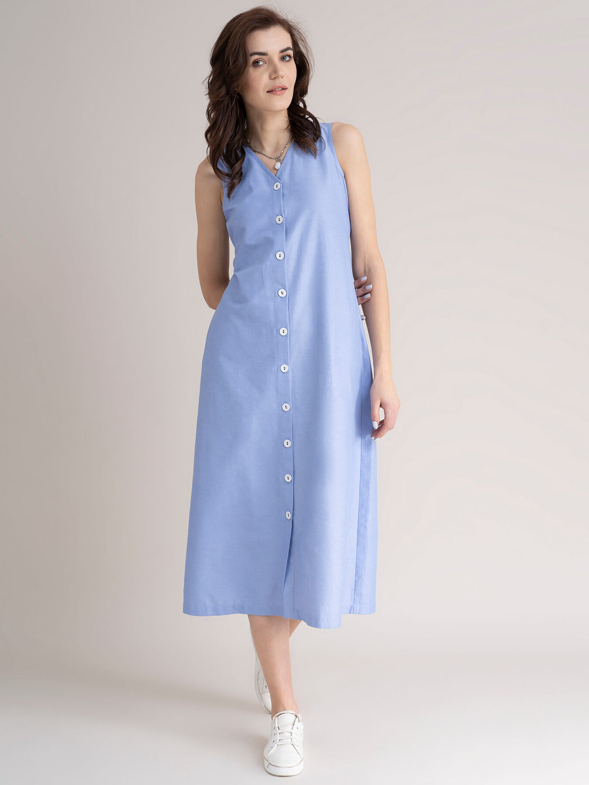 Cotton Button Down Dress- Blue