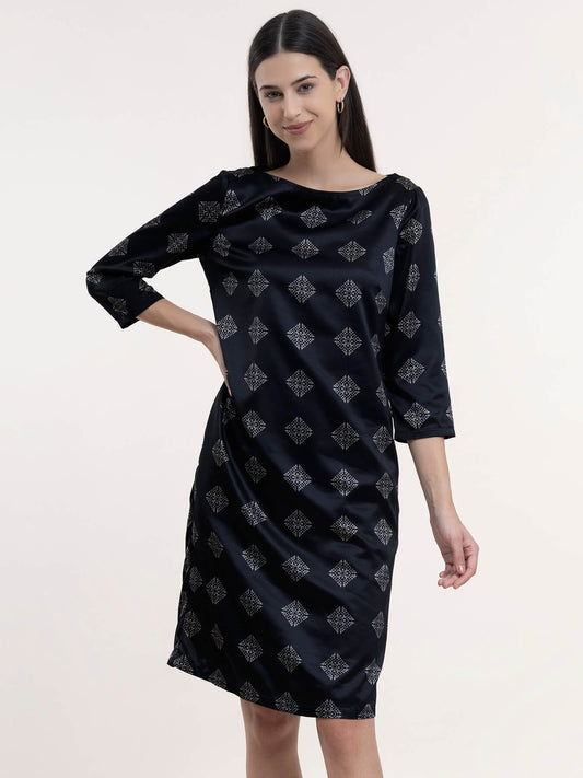 Satin Geometric Print Dress - Black