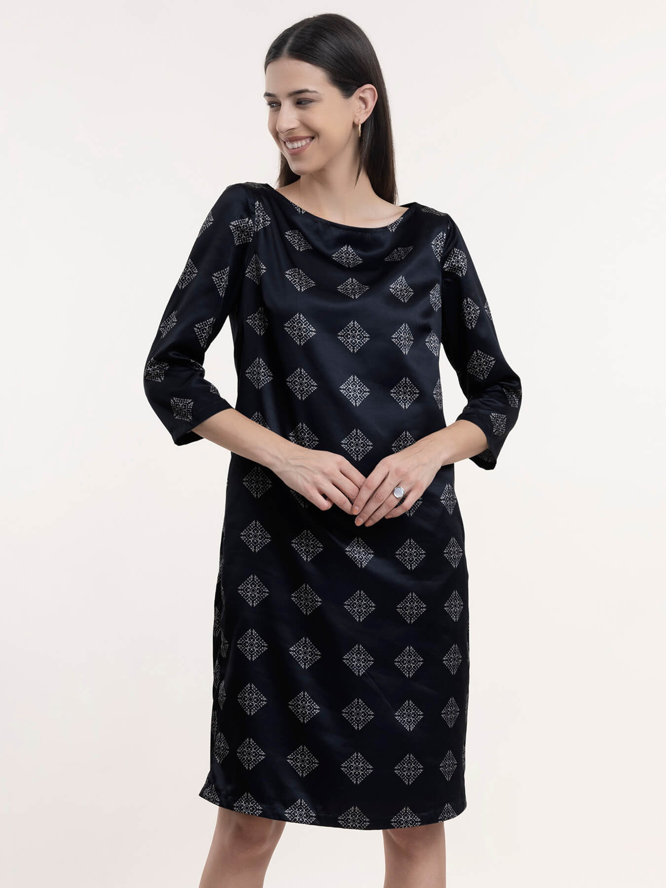 Satin Geometric Print Dress - Black