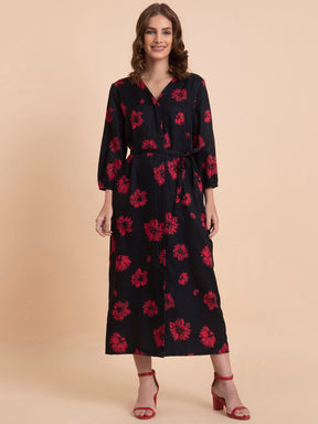 Floral a-line Dress - Black