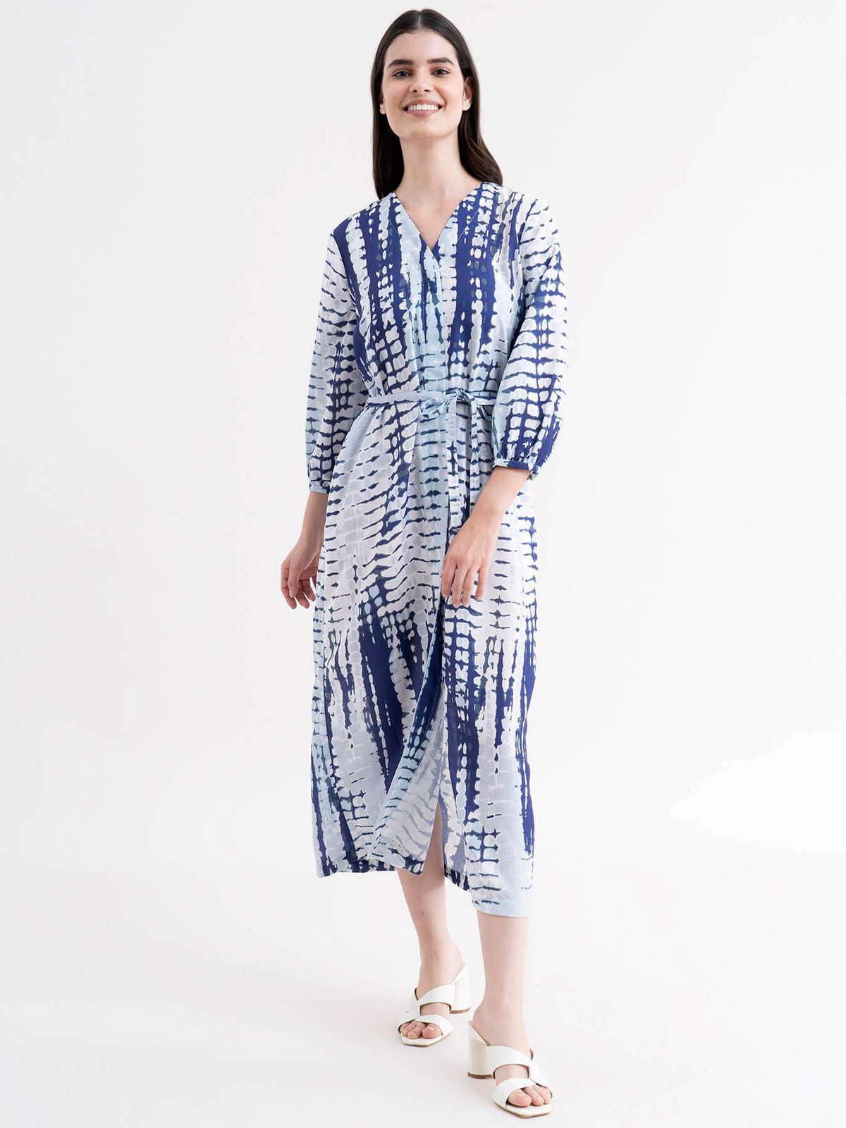 Shibori Print A-Line Dress - White And Blue