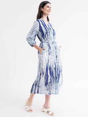 Shibori Print A-Line Dress - White And Blue