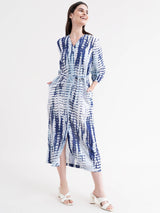 Shibori Print A-Line Dress - White And Blue