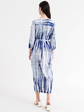 Shibori Print A-Line Dress - White And Blue