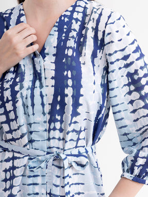 Shibori Print A-Line Dress - White And Blue