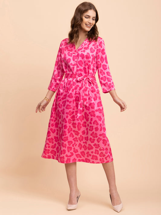Satin Animal Print A-Line Dress - Fuchsia and Pink
