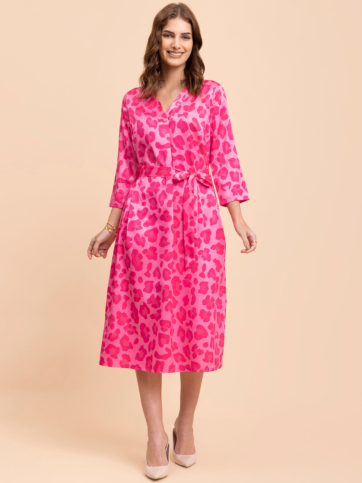 Satin Animal Print A-Line Dress - Fuchsia and Pink
