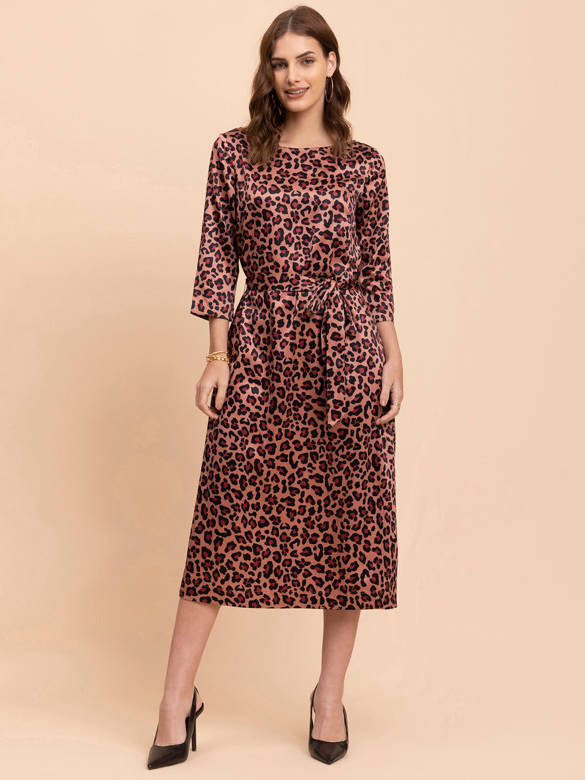 Satin Animal Print A-Line Dress - Brown and Black