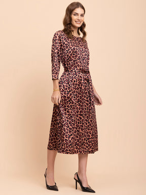 Satin Animal Print A-Line Dress - Brown and Black