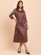 Satin Animal Print A-Line Dress - Brown and Black