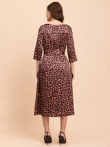 Satin Animal Print A-Line Dress - Brown and Black