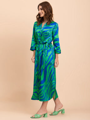 Satin Animal Print A-Line Dress - Royal Blue and Green