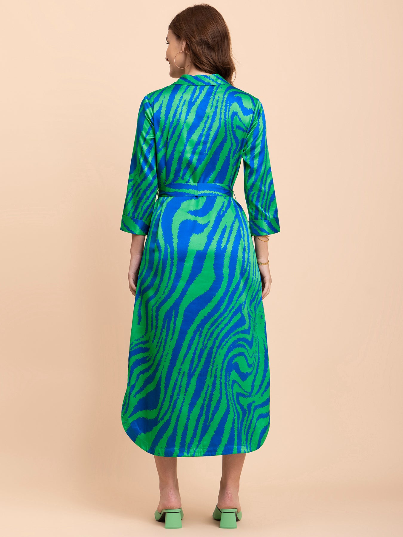 Satin Animal Print A-Line Dress - Royal Blue and Green