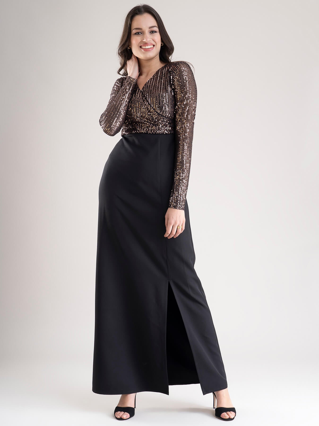 Golden Sequin Wrap Maxi Dress - Golden and Black