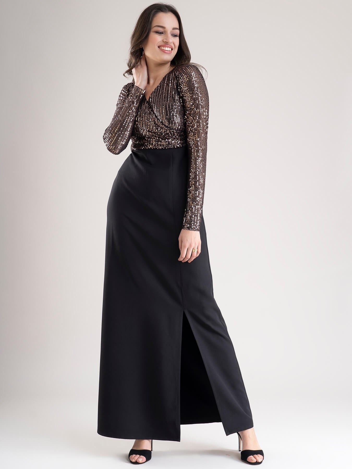 Golden Sequin Wrap Maxi Dress - Golden and Black