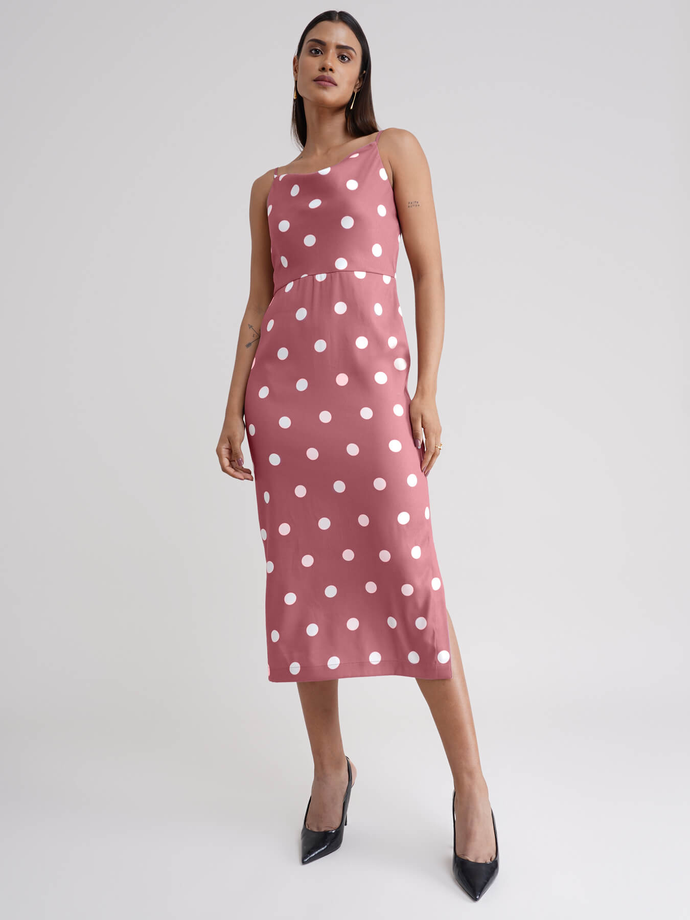 Polka Dot Cowl Neck Dress - Dusty Pink