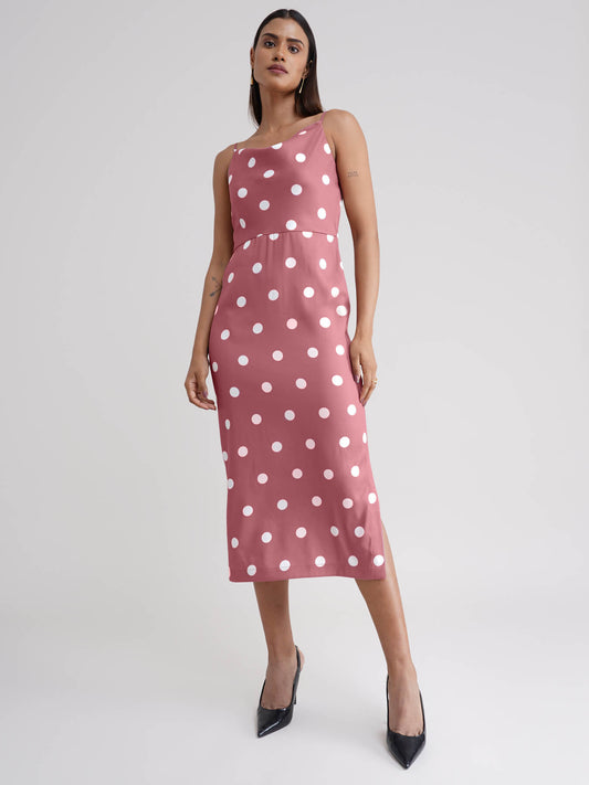 Polka Dot Cowl Neck Dress - Dusty Pink