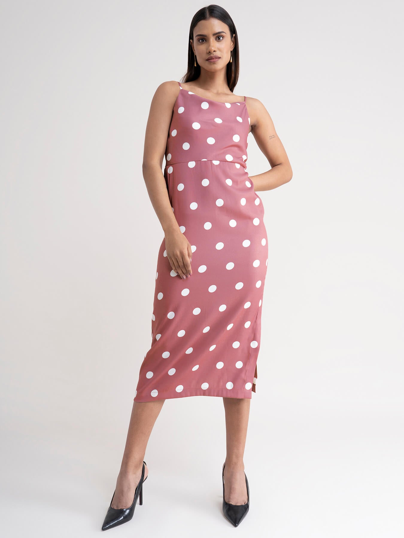 Polka Dot Cowl Neck Dress - Dusty Pink