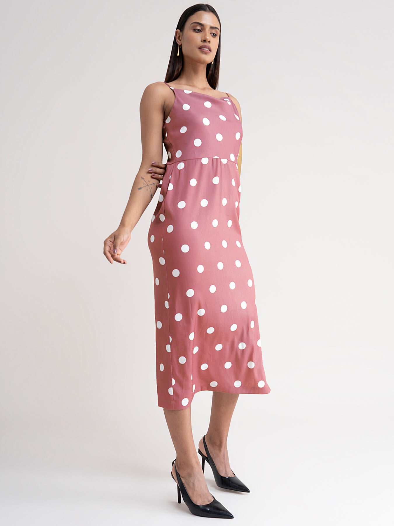 Polka Dot Cowl Neck Dress - Dusty Pink