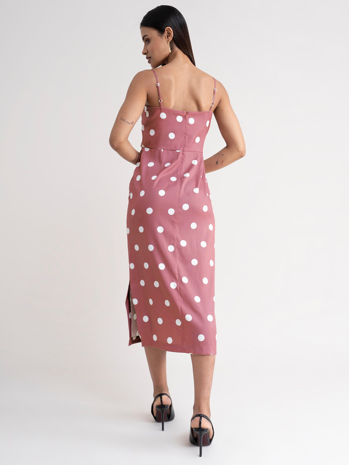 Polka Dot Cowl Neck Dress - Dusty Pink