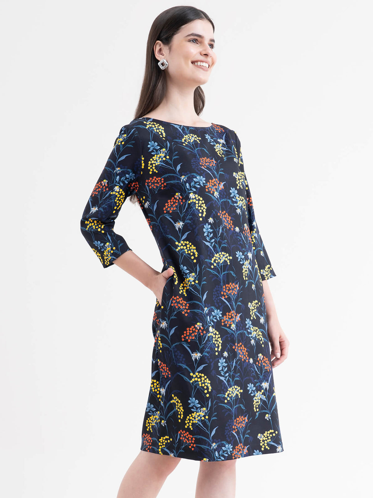 Floral Shift Dress - Navy Blue