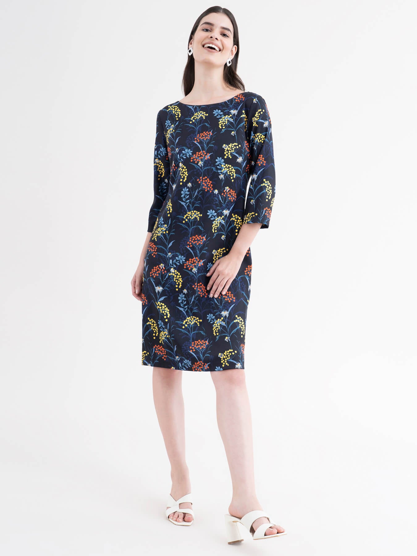 Floral Shift Dress - Navy Blue