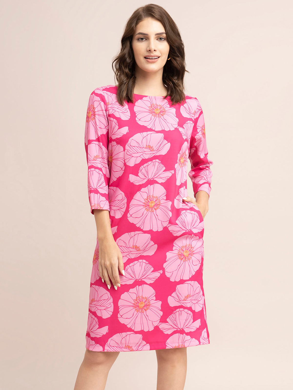 Floral Print Shift Dress - Fuchsia