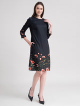 Round Neck Floral Print Shift Dress - Black And Green