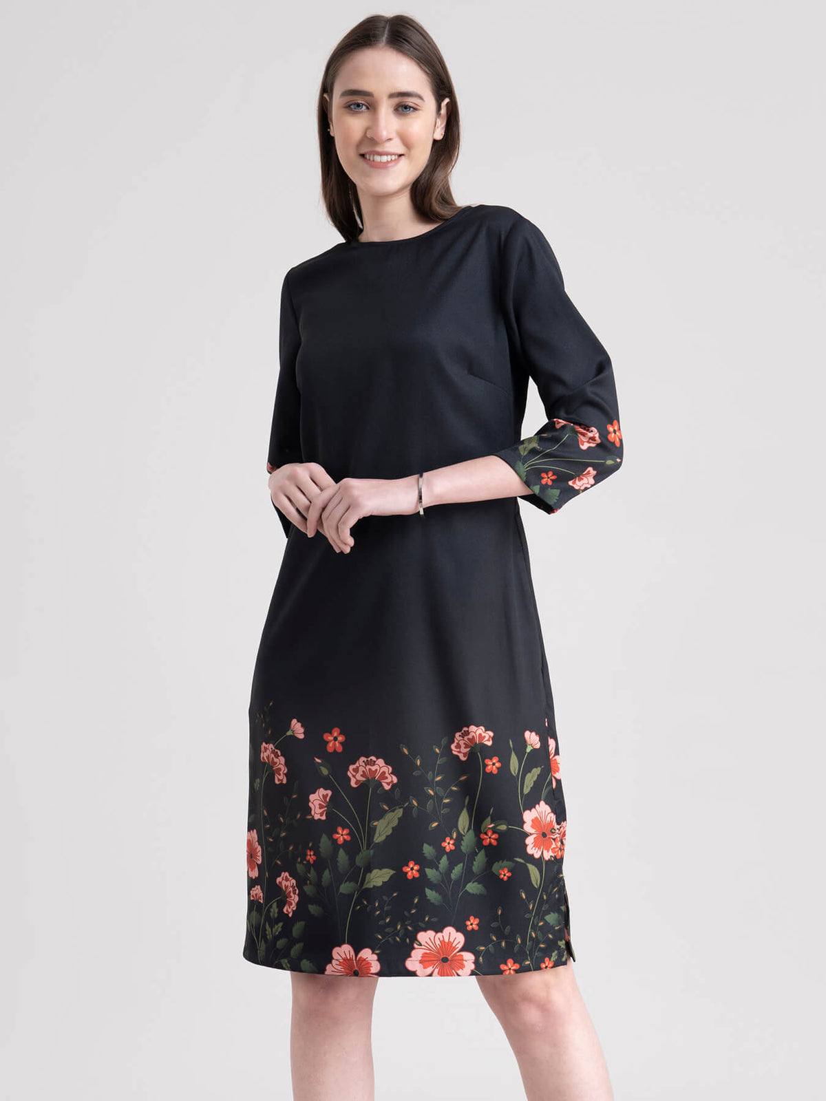 Round Neck Floral Print Shift Dress - Black And Green
